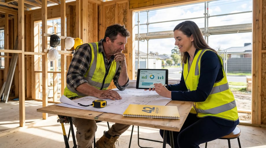 42-advisory-viewing building plans at a construction site, representing 42 Advisory’s accounting and business advisory services for builders and trades