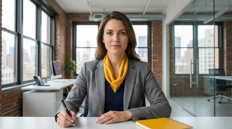 “Young, confident bookkeeping professional in a modern office with subtle #FFC907 brand accents, looking directly at the camera.