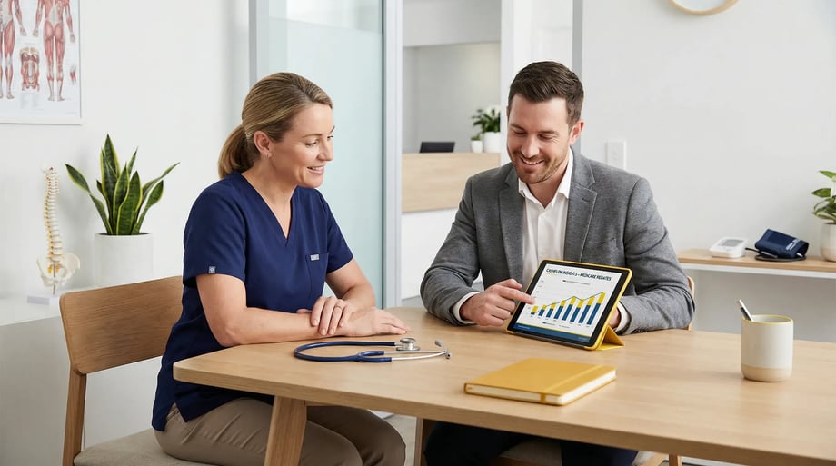 Two Melbourne professionals reviewing financial plans at a desk, symbolising 42 Advisory’s strategic business advisory and accounting services for professional firms.