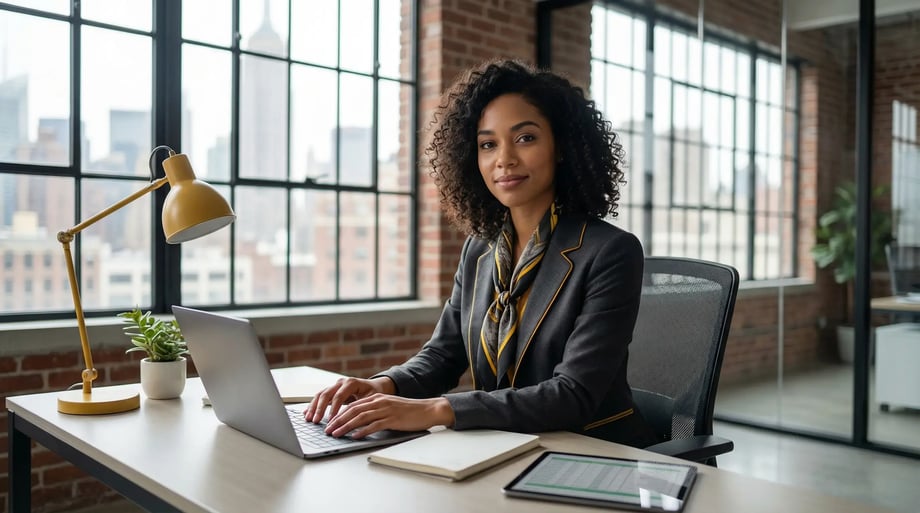 “Young, confident tax professional in a modern office with subtle #FFC907 brand accents, looking directly at the camera.