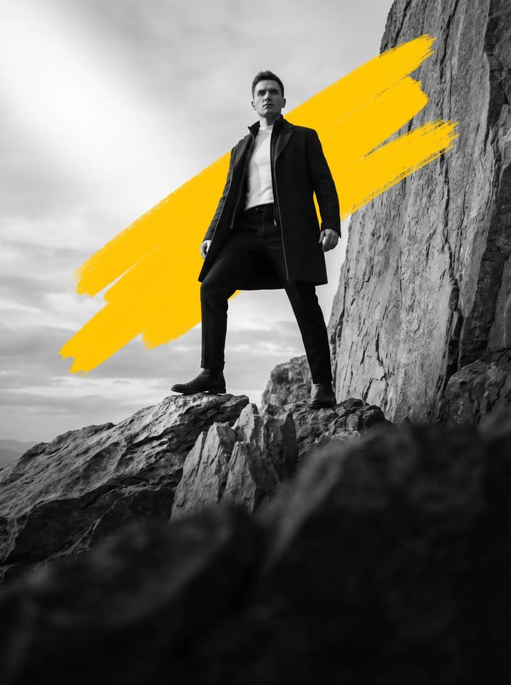 Confident young professional standing on rocky mountain terrain beside a cliff face, symbolising leadership, clarity, and business growth. The black-and-white editorial image features a bold yellow brushstroke in the background, reflecting 42 Advisory’s brand style and representing confidence, ambition, and forward momentum.