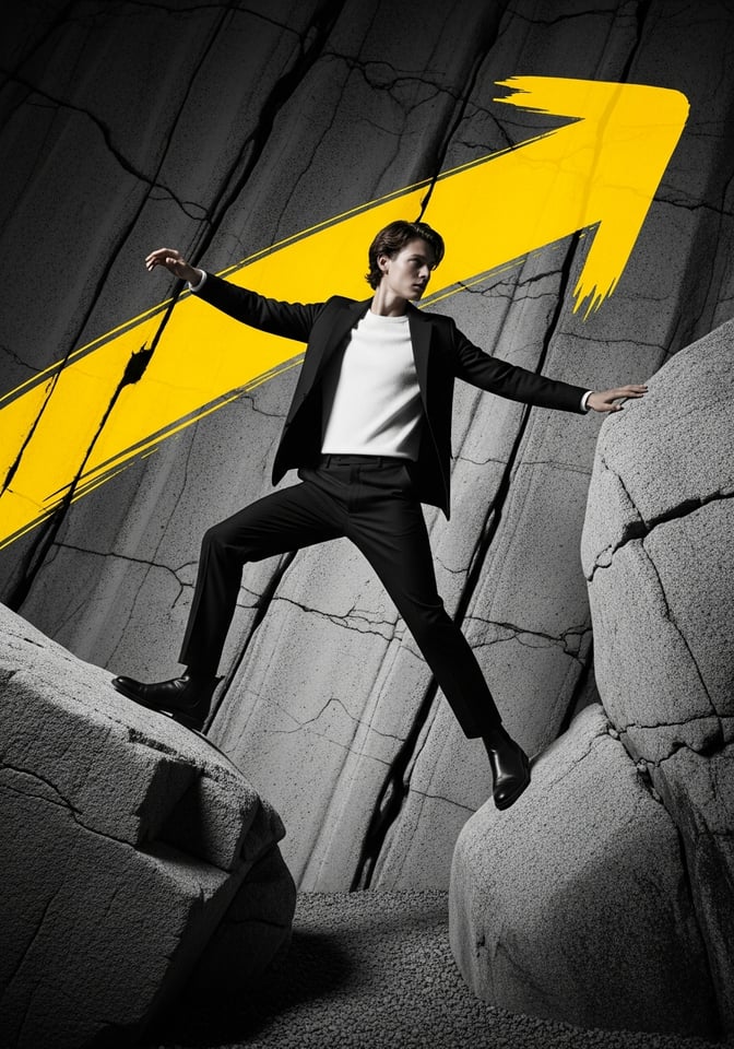 Dynamic young professional balancing confidently across sculptural rocky terrain, symbolising precision, confidence, and strategic decision-making. The monochrome editorial image is accented by a bold yellow upward arrow brushstroke, reflecting 42 Advisory’s brand style and representing growth, direction, and the core values that guide every client engagement.
