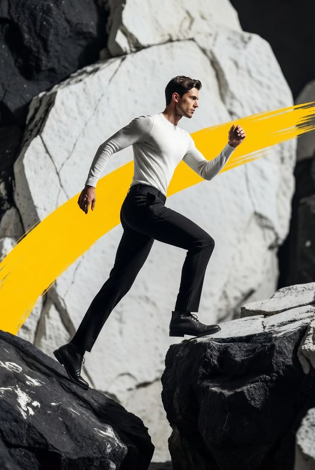 Ambitious young professional climbing upward across dramatic rocky terrain, representing progress, innovation, and forward-thinking business advisory. The modern editorial image features a bold yellow brushstroke against monochrome stone surfaces, reflecting 42 Advisory’s brand identity and symbolising momentum, transformation, and redefining what clients expect from an accountant.