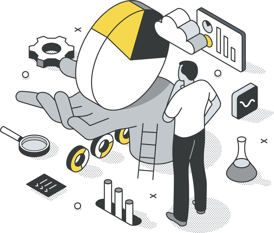 Illustration of accountant analysing financial data and charts for healthcare professionals