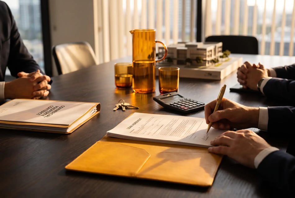 Business owner reviewing limited recourse borrowing arrangement documents with a lender and solicitor