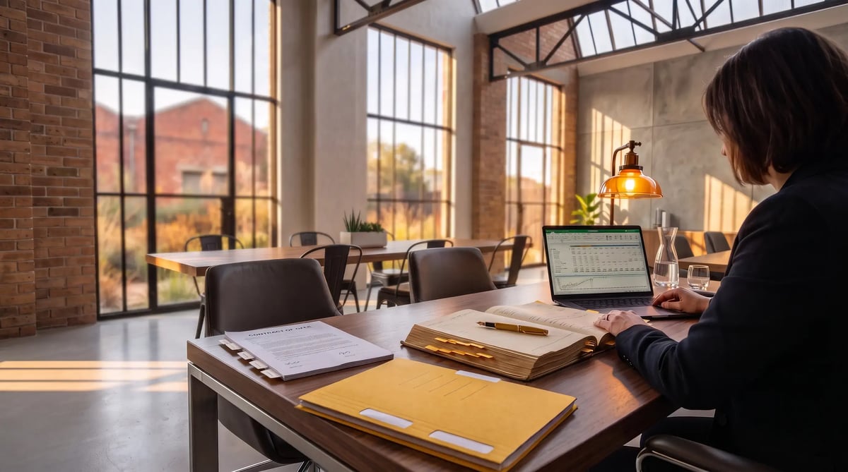 CPA reviewing a seller's financial statements during due diligence when buying a business, in a converted Moorabbin warehouse office – 42 Advisory