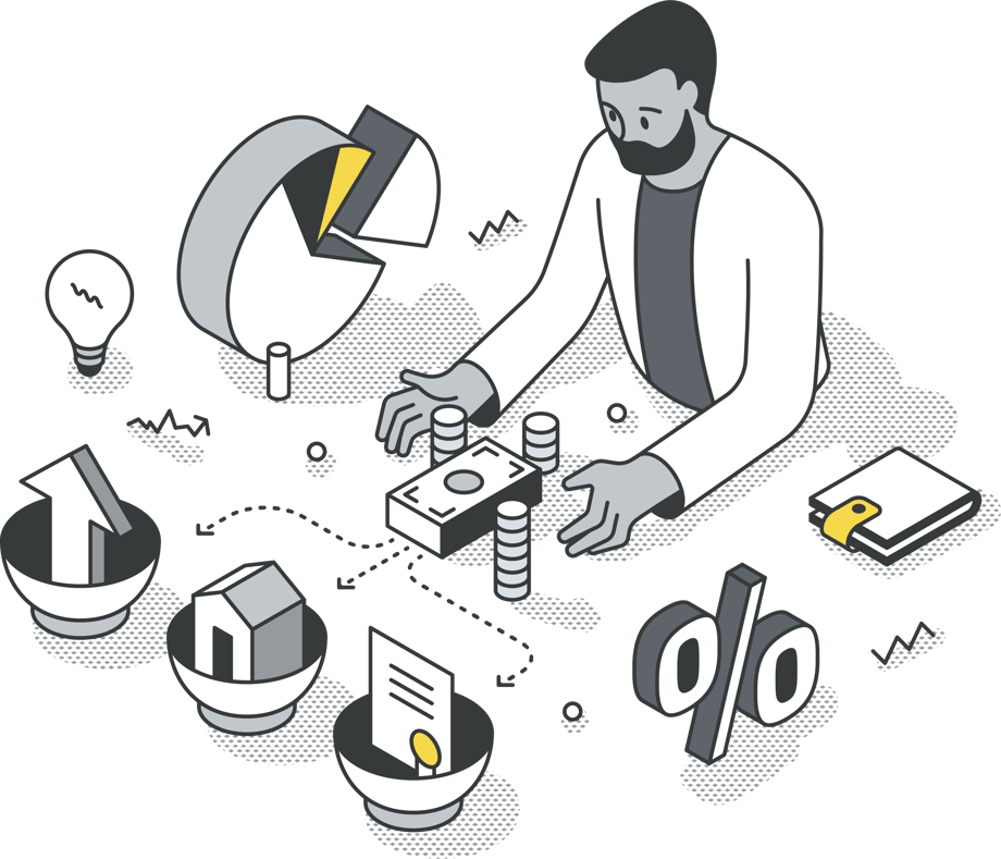 Illustration of advisor analysing diversified business investments and financial reports, symbolising 42 Advisory’s focus on sustainable growth and smart diversification.