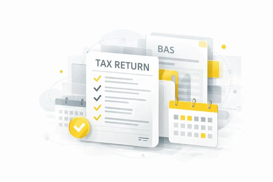 Tax return and BAS documents with calendar and checklist — conceptual illustration of Melbourne tax accounting services by 42 Advisory.