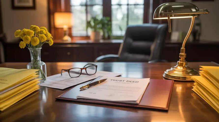 Trust deed and financial statements on a boardroom table representing family trust planning in Australia.