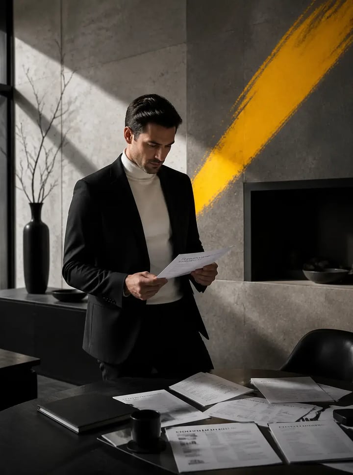 Confident professional reviewing personal tax and investment documents in a modern premium workspace, representing individual tax services, property investment tax advice, capital gains planning, and trusted strategic tax support for Melbourne clients.