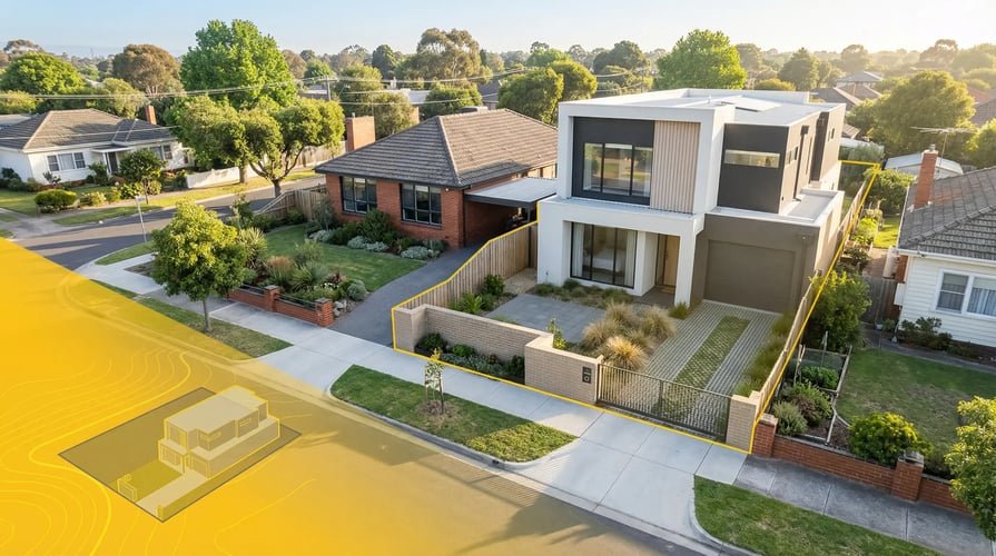 Aerial view of a modern Melbourne backyard subdivision showing a new dual-occupancy townhouse beside a renovated brick home, highlighted with 42 Advisory yellow overlays symbolising planning and property tax advice.