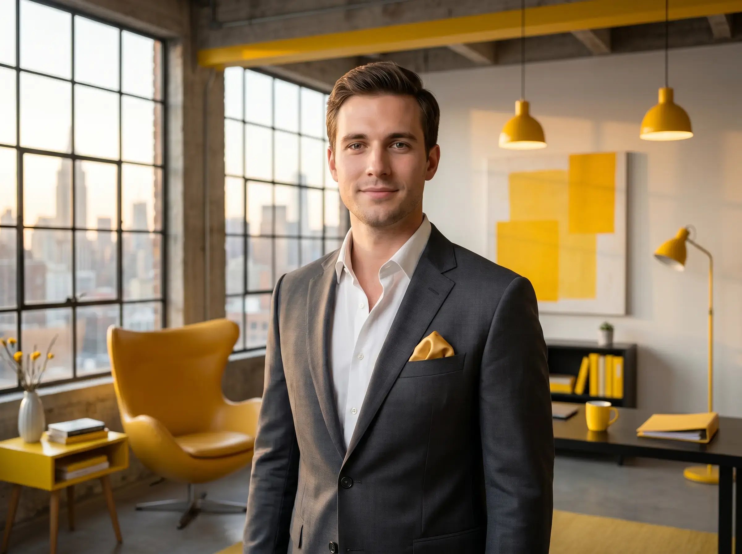 Australian CPA advisor consulting on R&D Tax Incentive claims in a modern New York-style office with yellow accents