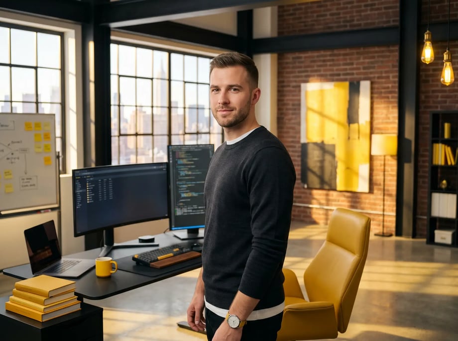 Multi-monitor SaaS workstation in a New York-style office with golden-yellow sticky notes, leather chair, and abstract dashboards representing AASB-compliant reporting and KPI tracking