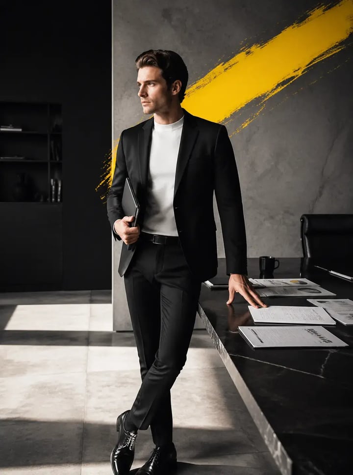 Confident business advisor reviewing financial reports in a modern premium workspace, representing strategic small business accounting services, financial clarity, cash flow management, and trusted fixed-fee advisory support for Melbourne businesses.