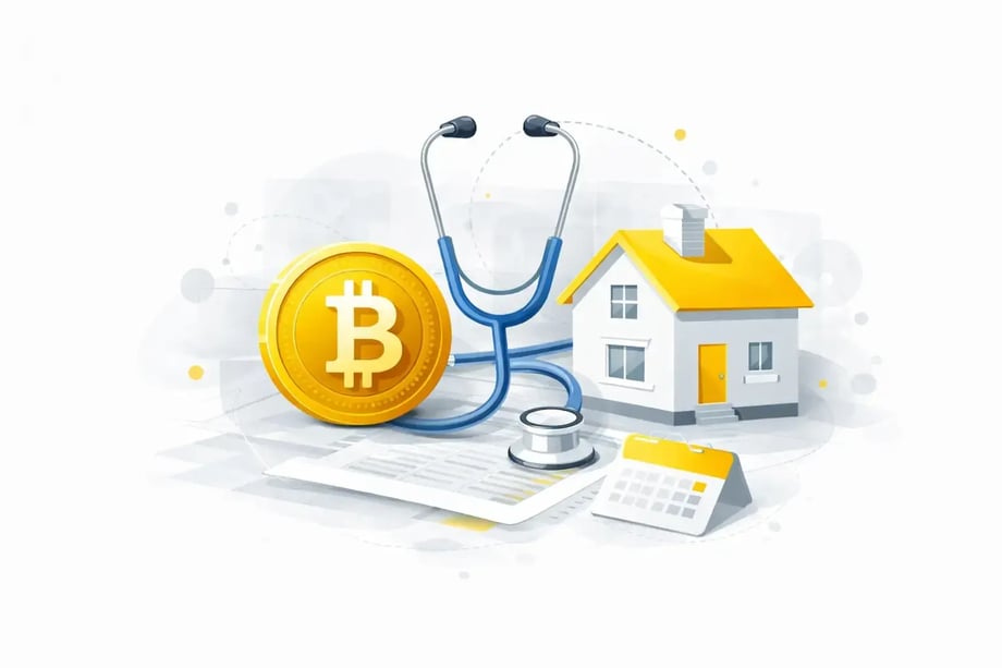 Bitcoin coin, stethoscope, and house illustration — representing 42 Advisory’s specialist accounting for crypto, medical, property, and eCommerce industries.