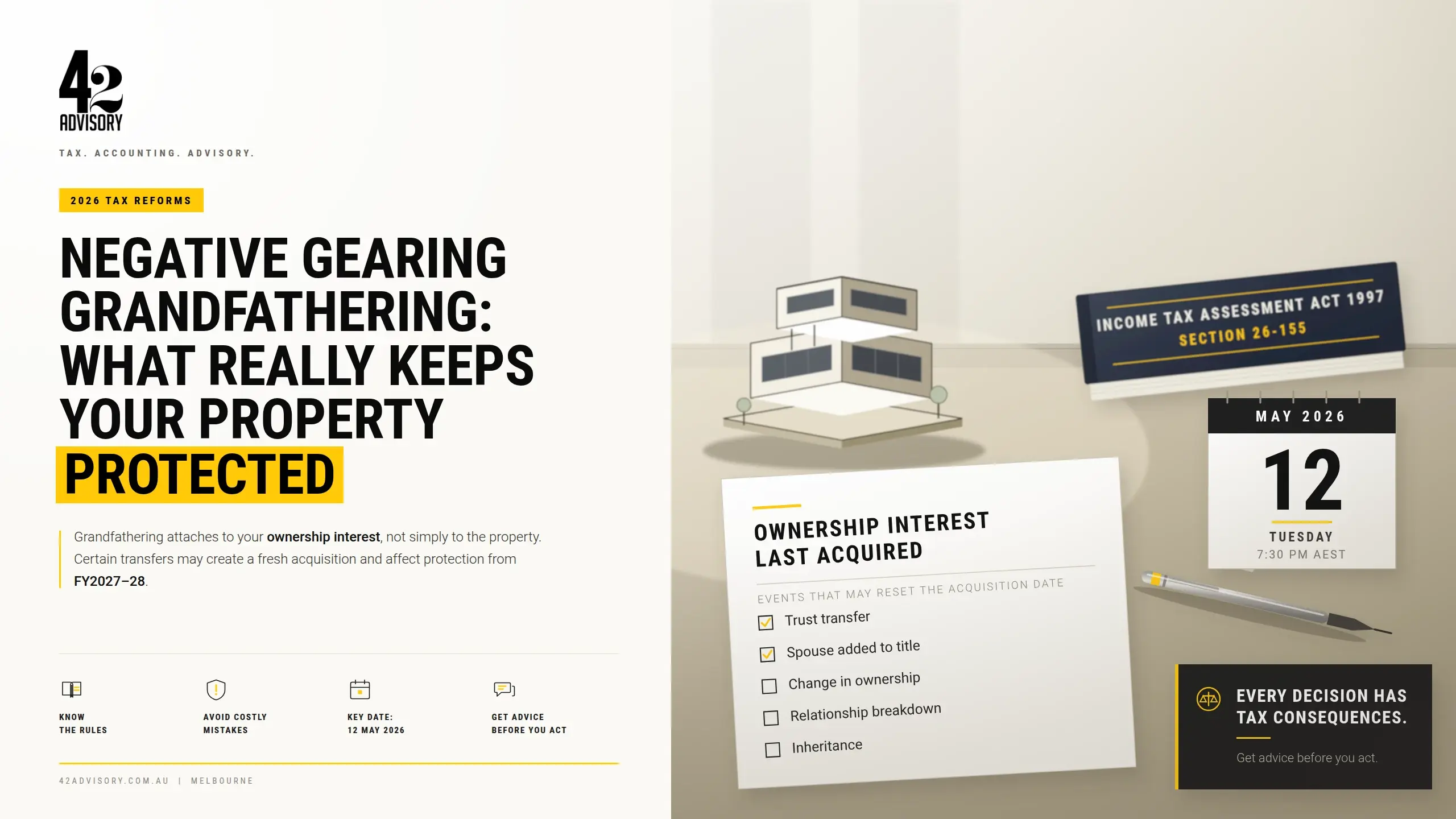42 Advisory — negative gearing grandfathering and the 12 May 2026 key date.