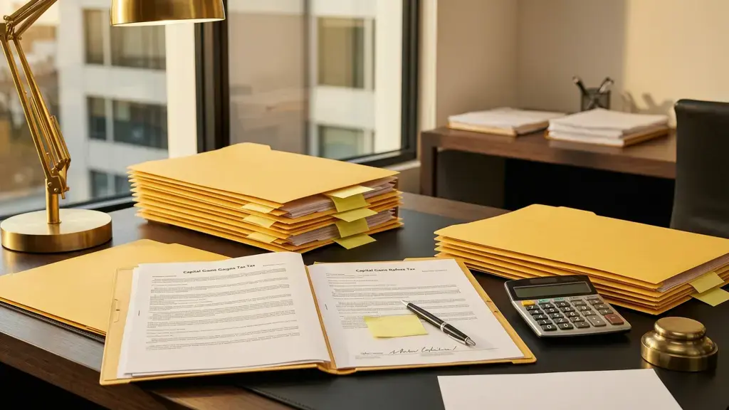 Australian accountant's desk with capital gains tax reform documents and yellow folders, illustrating the 2026 CGT carve-outs