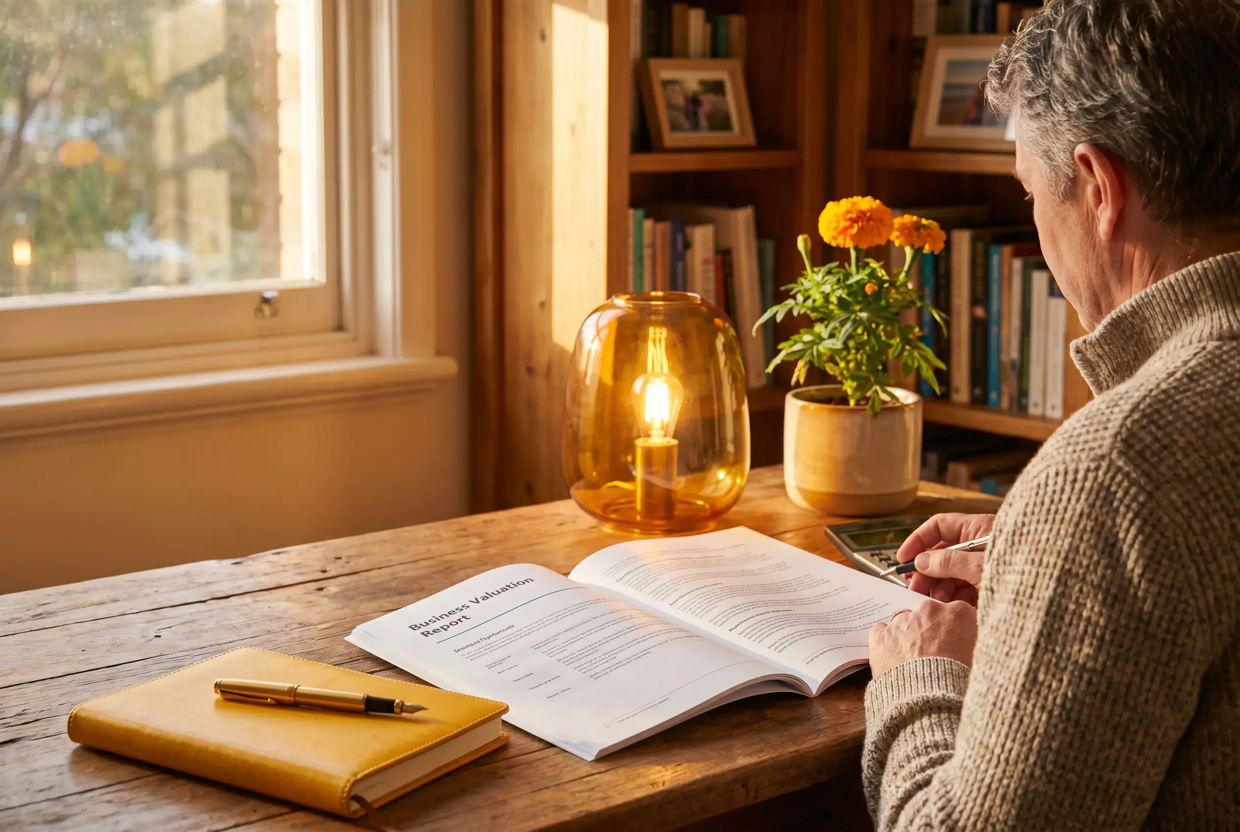 Business owner reviewing a business valuation report before retirement in a warm home office