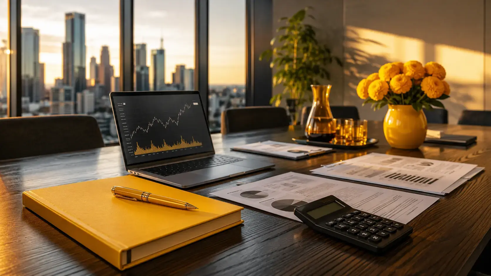 Business valuation case studies review in a Melbourne boardroom with valuation reports and financial charts