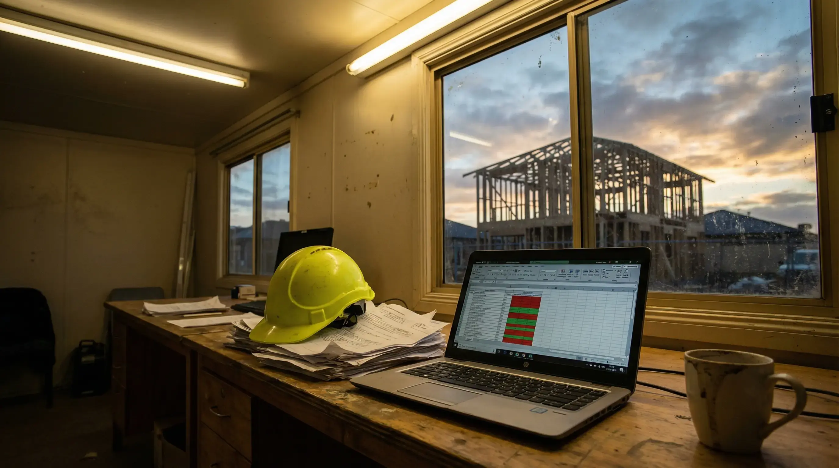 Cash flow management spreadsheet on a builder's desk at an Australian construction site office
