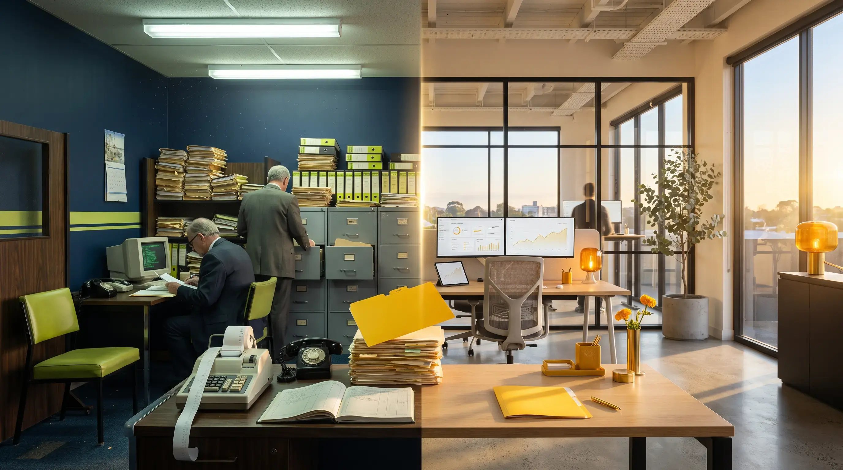 Dated navy-and-lime suburban accounting office transitioning into a modern bayside Melbourne advisory practice — signs it's time to change your accountant.