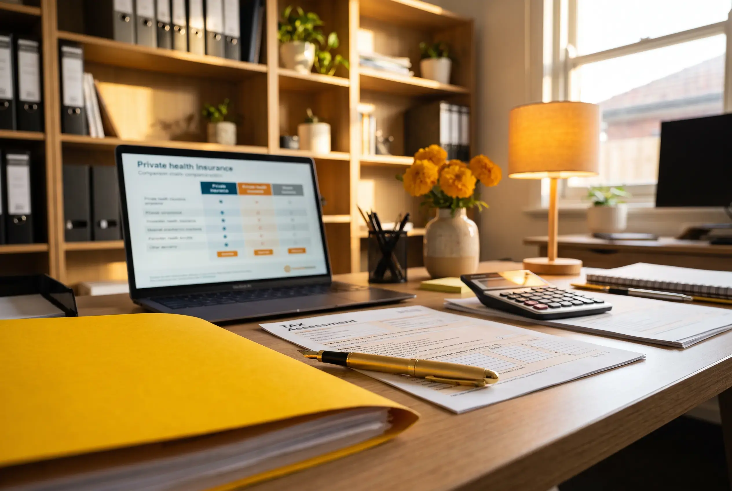 Medicare levy surcharge paperwork and calculator on an accountant's desk in Melbourne