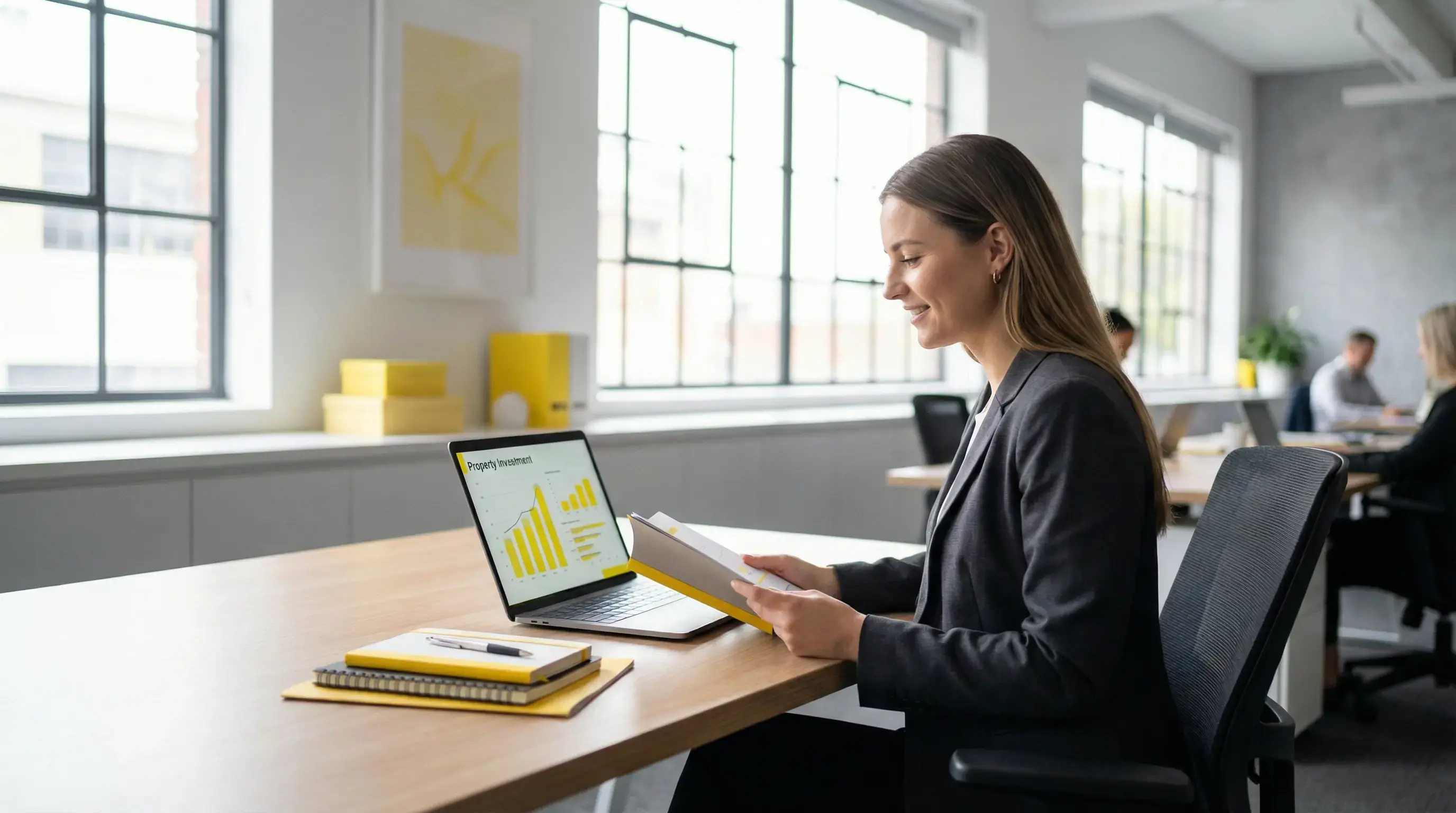 Melbourne property tax accountant analysing land tax data on laptop with yellow brand accents – 42 Advisory