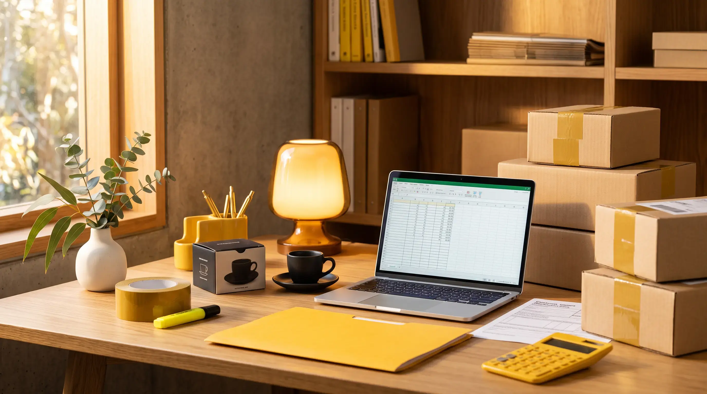Amazon FBA Australia seller's desk with shipping cartons, an import declaration and GST paperwork in a Melbourne office