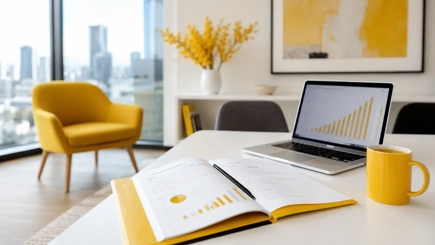Bright modern Melbourne advisory office with yellow accents, where strategic business advisory options are compared