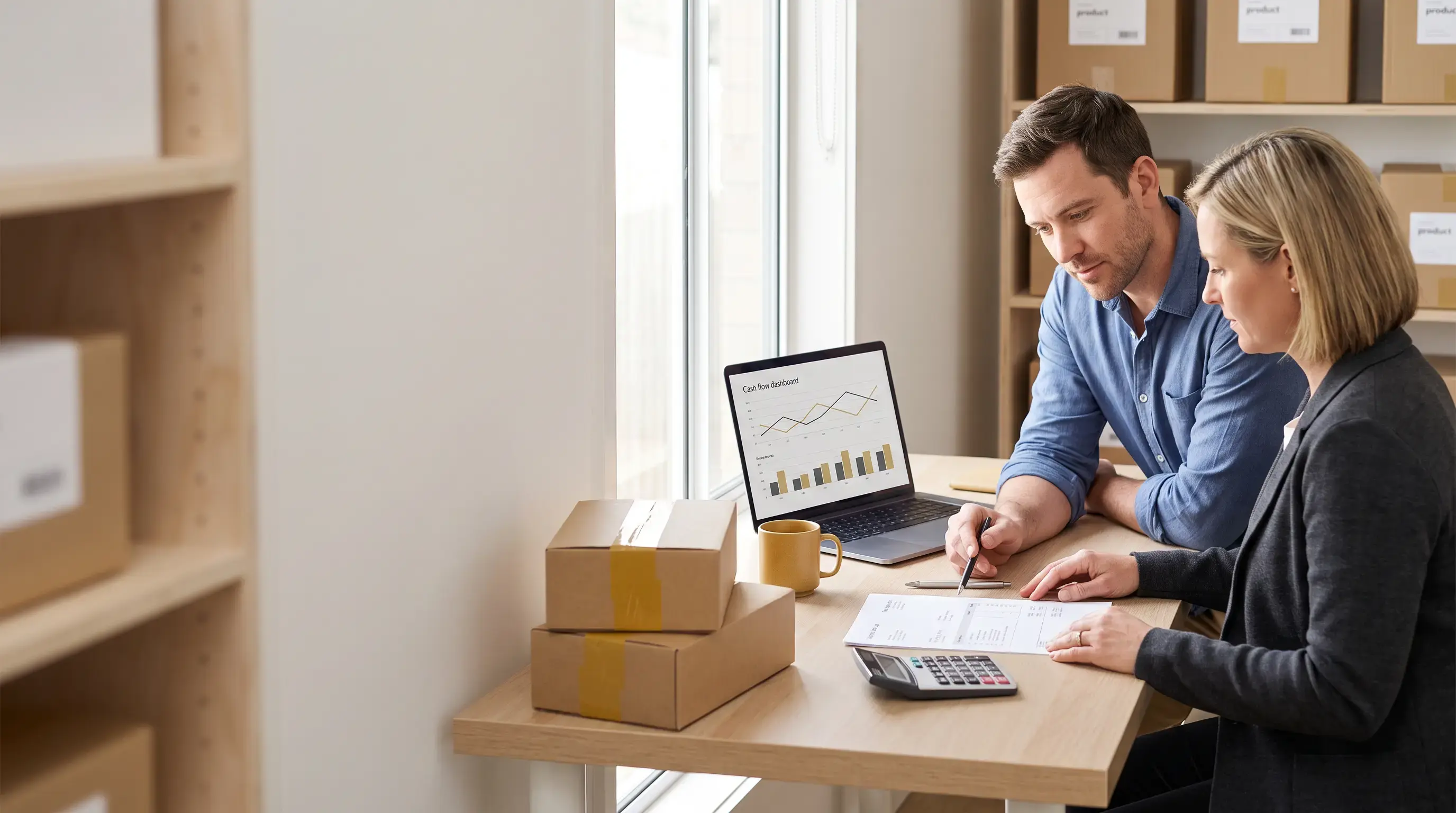 E-commerce business owner and accountant reviewing a supplier quotation against a cash flow forecast in a fulfilment workspace