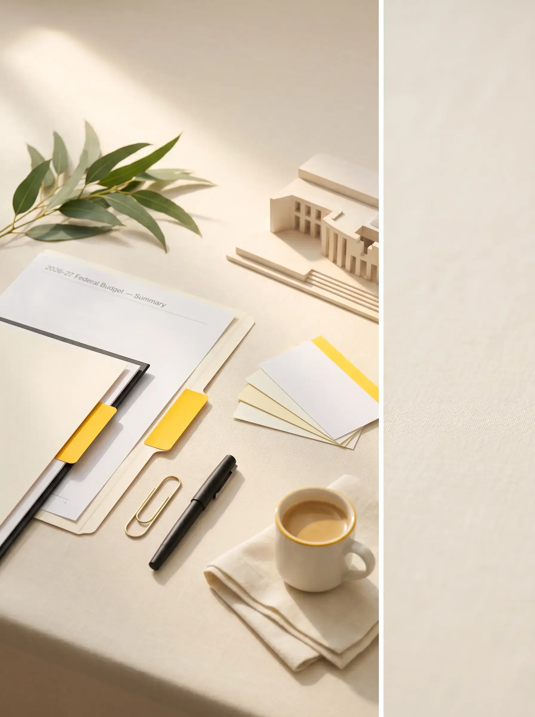 Editorial desk photograph featuring 42 Advisory budget review documents, yellow folder tab, fountain pen and a small Australian Parliament House model, representing the 2026-27 Federal Budget tax changes affecting trusts, capital gains tax and property investors.