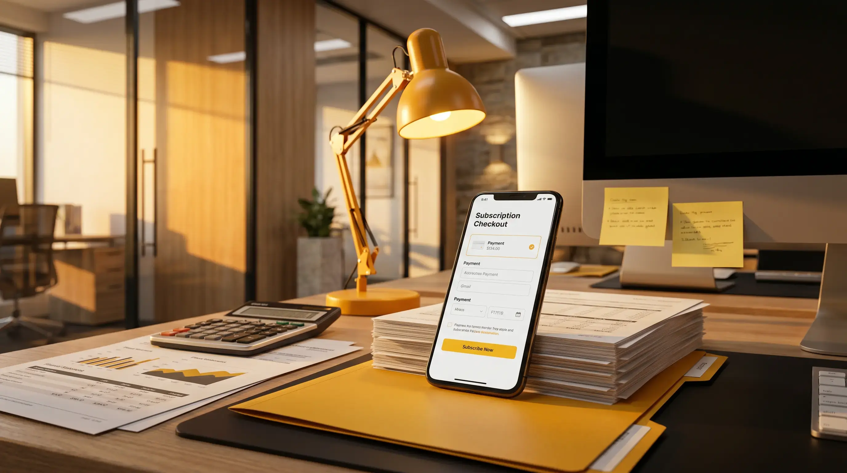 App developer's desk with a smartphone subscription checkout, financial documents and calculator, representing GST on Apple and Google app store sales in Australia