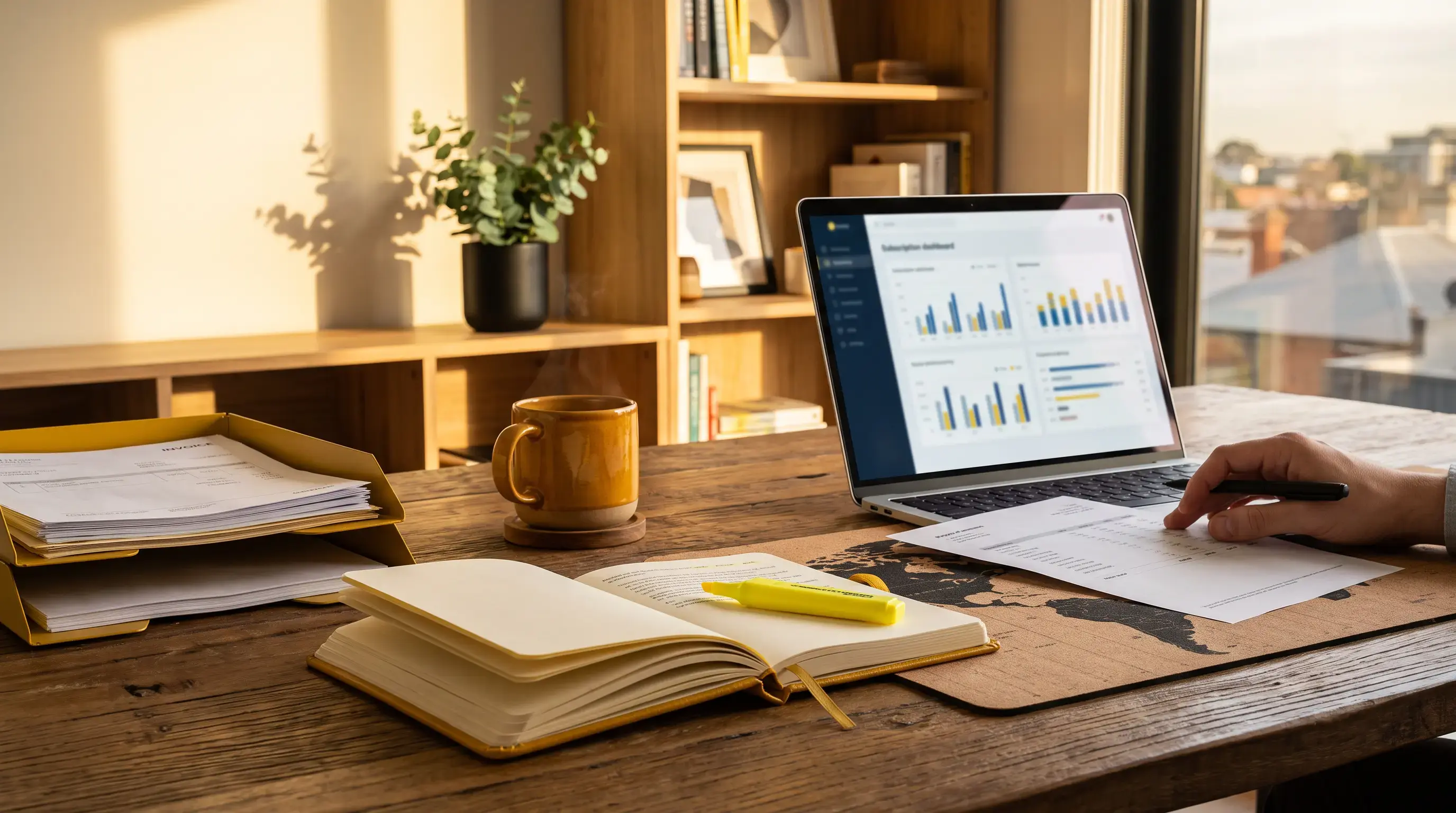 Australian SaaS founder reviewing merchant of record payout statement and GST records at a Melbourne home office desk.