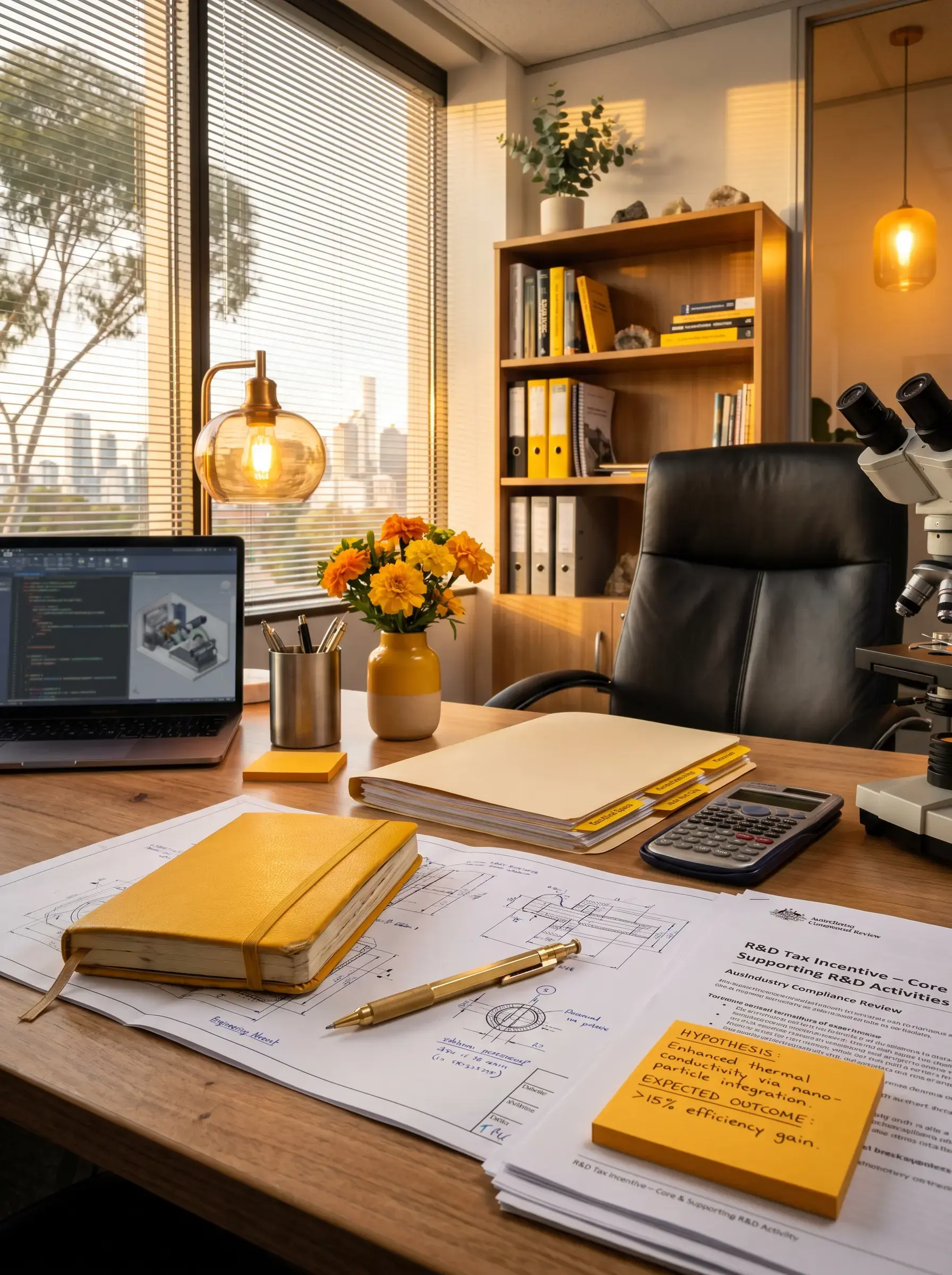 Australian R&D Tax Incentive advisory desk with engineering blueprints, registration documents, and golden-yellow accents in a Melbourne professional office.
