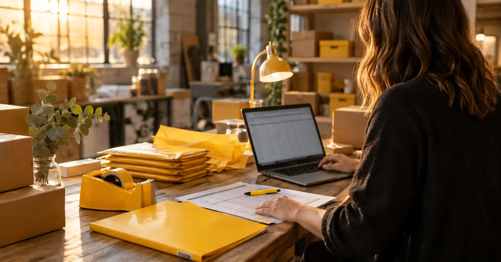 Young Australian e-commerce retailer reviewing a platform settlement report at a packing bench, illustrating settlement accounting for Amazon and Shopify payouts.