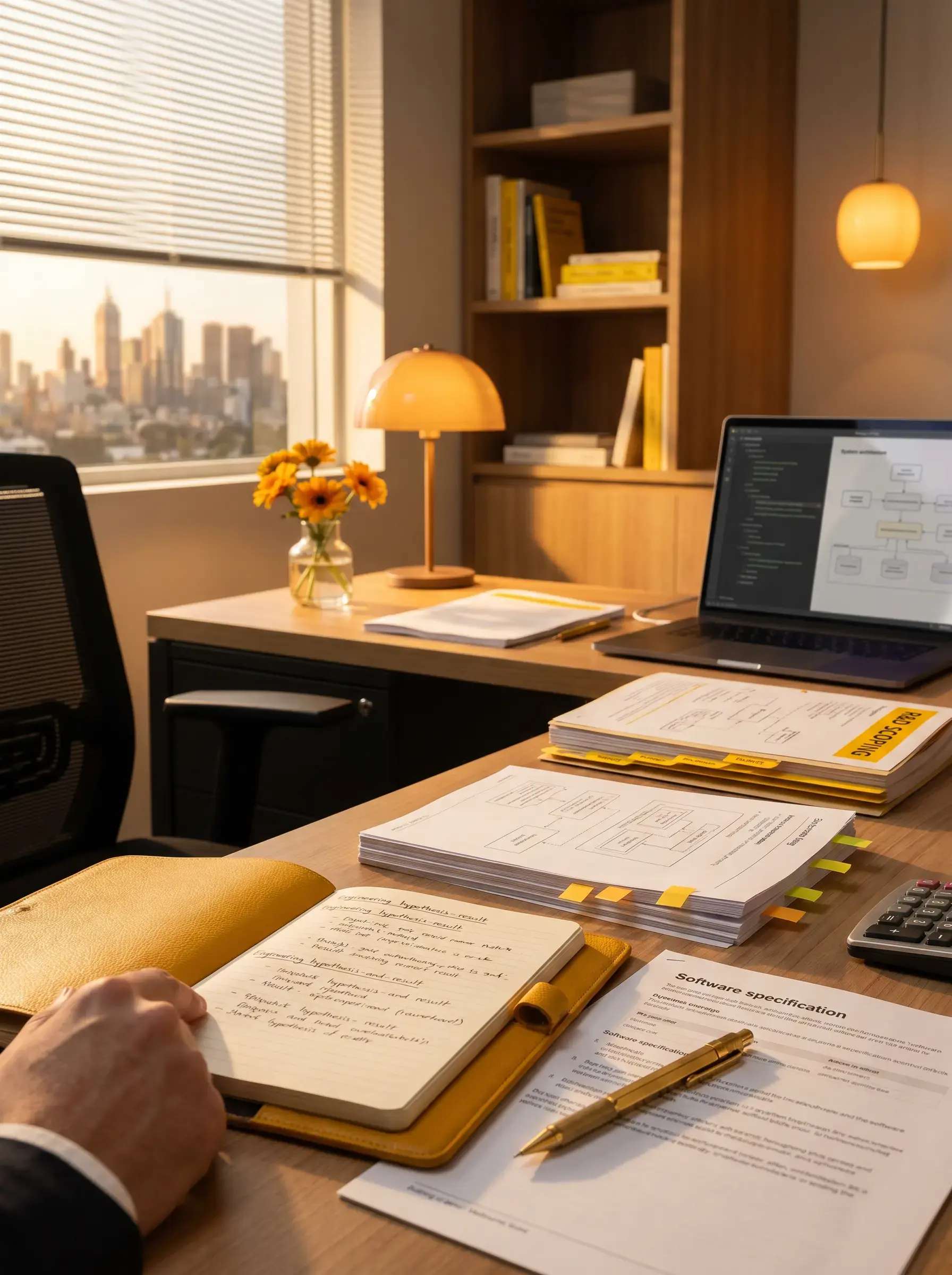 Australian software R&D Tax Incentive review desk with engineering notebook, technical specifications, code on laptop, and warm golden-yellow accents in a Melbourne professional office