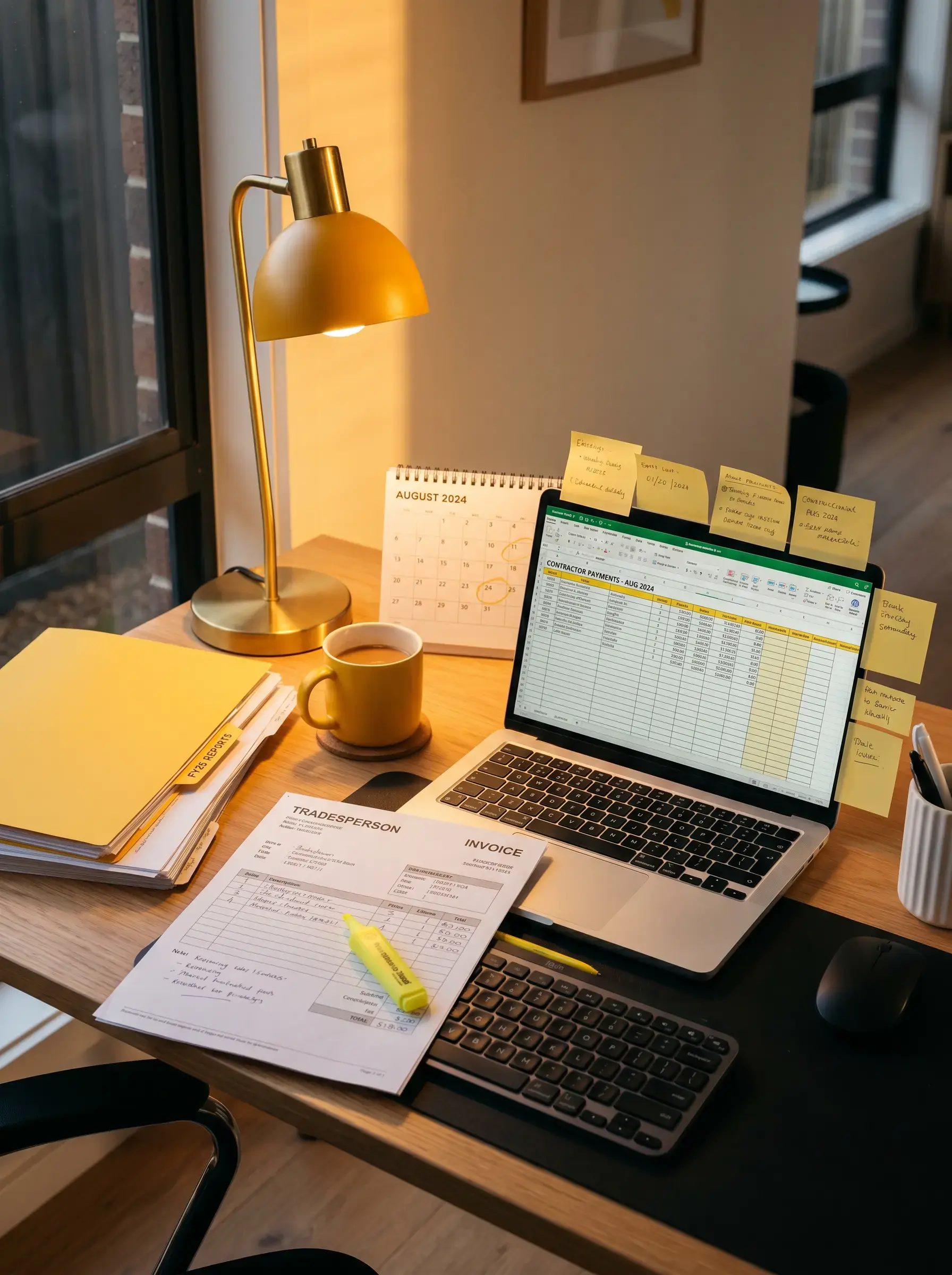 Accountant's desk with contractor invoices and a late-August calendar, preparing a Taxable Payments Annual Report (TPAR).